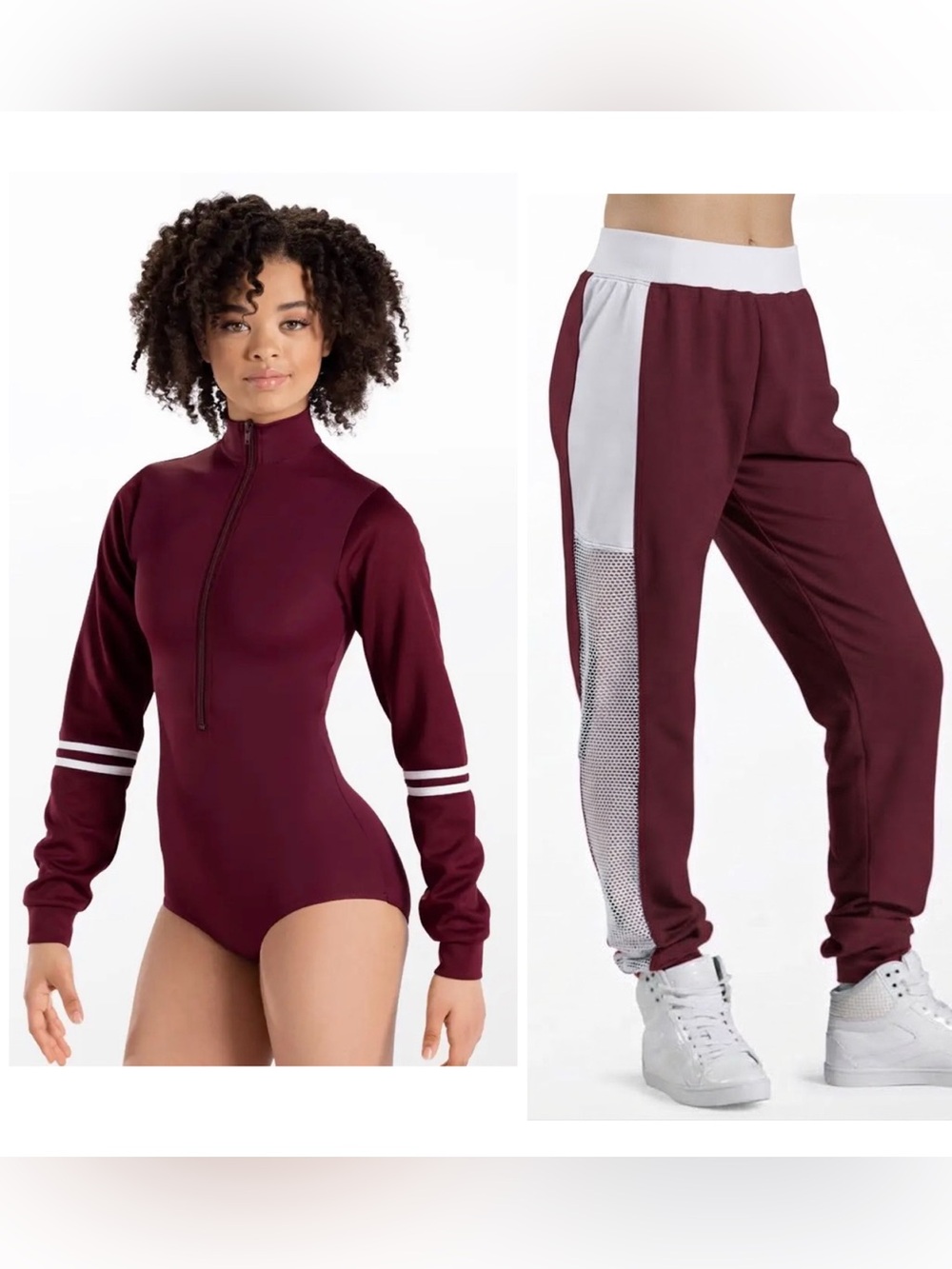 Balera | Two-Piece Zip-Front Sport Leotard and Mesh Jogger Maroon White, SA MA